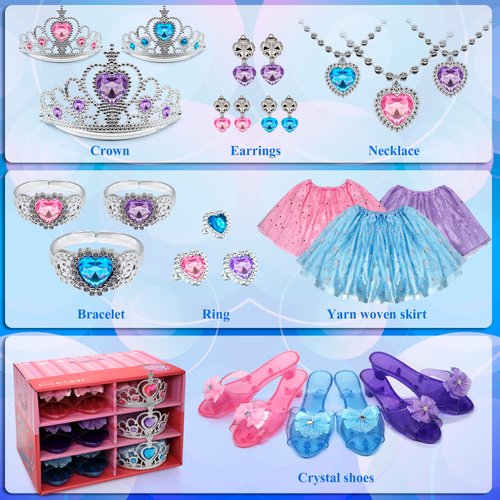 Princess Dress Up Toys & Makeup Jewelry Set, Baby Princess Shoes Costumes Set incl Color Skirts, Shoes, Crowns, Accessories,Toddler Girls Christmas Party Role Play Birthday Gifts for 3-6 Year old Girl