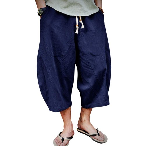 EKLENTSON Mens Summer Pants Yoga Pants Men Baggy Pants for Men Harem Capri Pants Cotton Beach Pants for Men, Navy Blue, 34