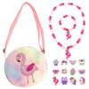 Elesa Miracle Little Girl Plush Purse Handbag Kids Necklace Pretend Play Toy Playset Jewelry Crossbody Purse for Children Toddler Baby Girls, Flamingo