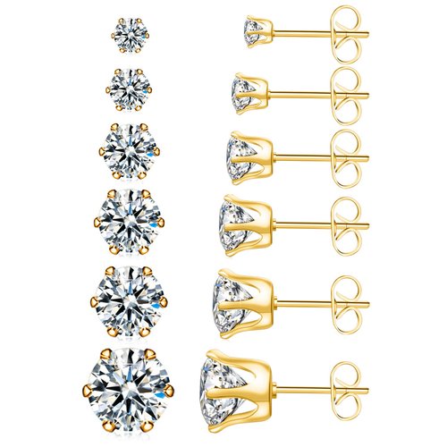 UHIBROS Cubic Zirconia Earrings Studs for Women, 6 Pairs Hypoallergenic 316L Stainless Steel Stud Earrings Set 14K Gold Plated Multipack CZ Earrings for Mens 3-8mm