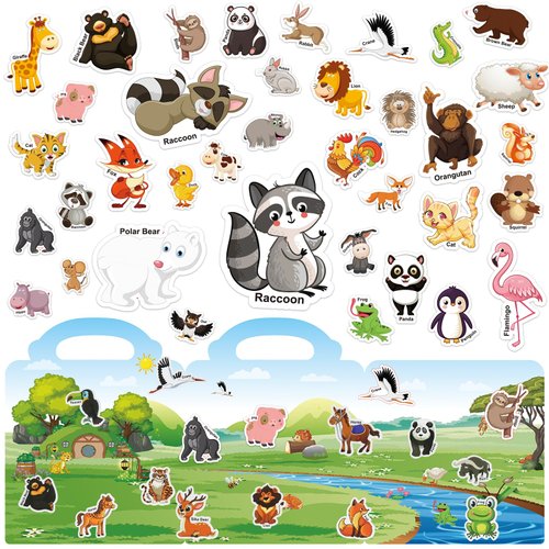 211 PCS Animals Reusable Sticker Books for Kids, 6 Sheets Reusable Stickers for Toddlers, Cute Waterproof Toddler Stickers Age 3+, Window Clings Travel Learning Toys Educational Stickers