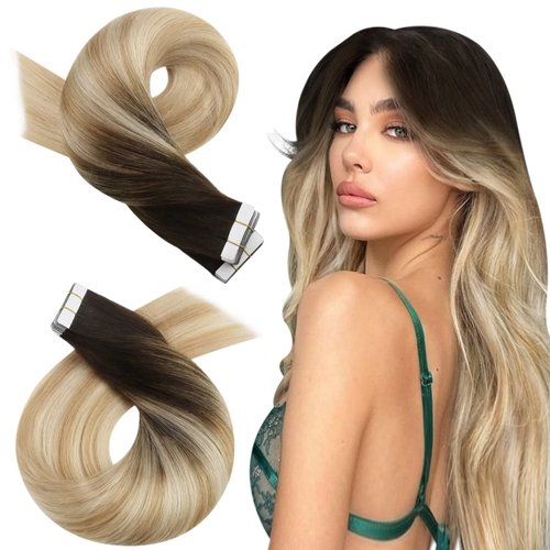 Moresoo Ombre Tape in Extensions Real Human Hair Blonde Hair Extensions Tape in Balayage Brown to Caramel Blonde Mix with Blonde Tape in Human Hair Extensions 14 Inch #2/27/613 20pcs 50g