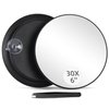 Round 30X Magnifying Mirror, 6inch Magnified Mirror with 3 Suction Cups, Compact Magnifying Mirror and Tweezers, 30X Travel Magnification Mirror for Makeup,Shaving,Blackhead Blemish Removal(Black-30X)