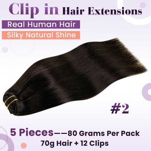 LaaVoo Clip in Hair Extensions Real Human Hair Dark Brown Hair Extensions Clip ins Remy Human Hair Darkest Brown Human Hair Clip in Extensions Silky Straight 18inch 5pcs/80g