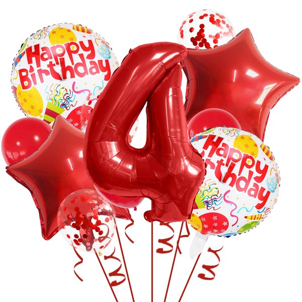 32 Inch 4 Balloon Number, Red Balloons, Red Confetti Latex Balloon Foil Balloons Mylar Balloons Number 4 Balloons for Anniversary Supplies Kids Birthday Party (Red, 4)