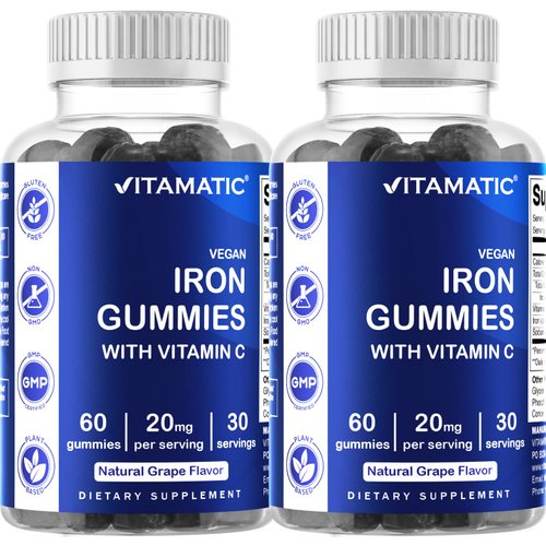 Vitamatic Iron Gummies Supplement for Women & Men - 20mg Serving - 60 Vegan Gummies - Great Tasting Iron Gummy Vitamins with Vitamin C (60 Count (Pack of 2))