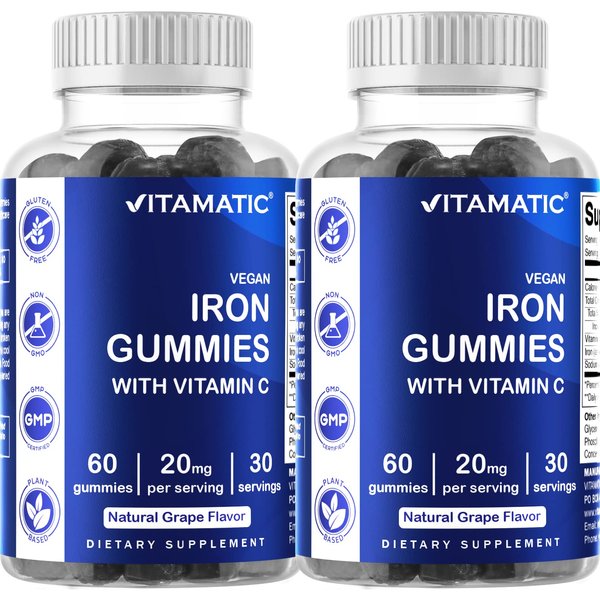 Vitamatic Iron Gummies Supplement for Women & Men - 20mg Serving - 60 Vegan Gummies - Great Tasting Iron Gummy Vitamins with Vitamin C (60 Count (Pack of 2))
