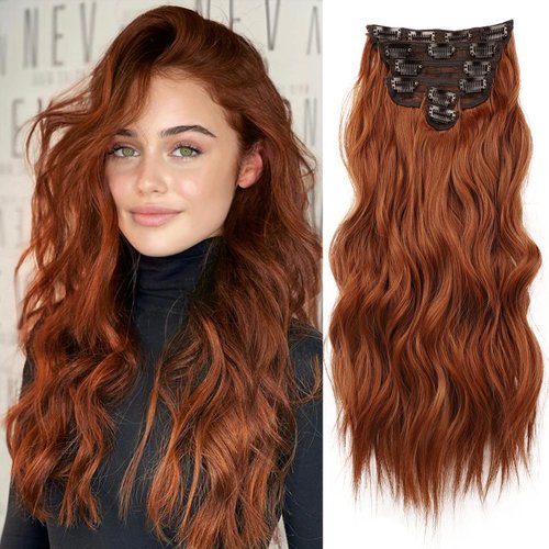 NAYOO Clip in Hair Extensions for Women 20 Inch Long Wavy Curly Auburn Hair Extension Full Head Synthetic Hair Extension Hairpieces(6PCS,Auburn)