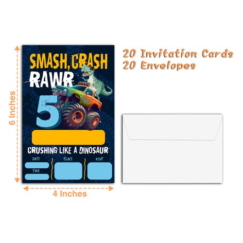 YQV Dinosaur Truck 5th Birthday Party Invitations, 20-Count Dinosaur Birthday Party Invites With Envelopes-HBYQK-B30