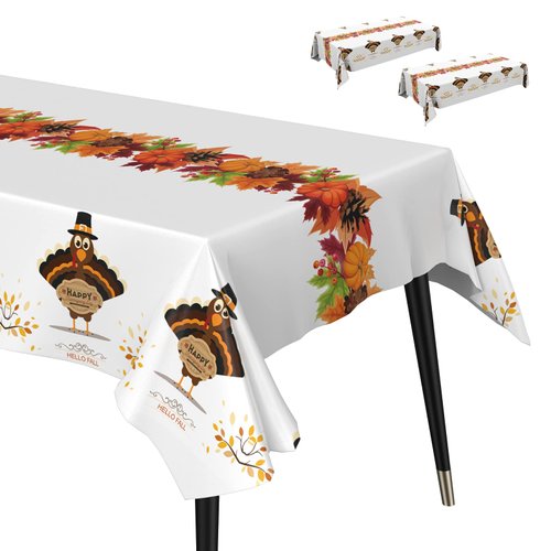 Fibevon Thanksgiving Tablecloth, 2 Packs 52 x 110 inches Rectangle Turkey Plastic Tablecloth Premium Fall Table Cover Disposable Table Cloth for Thanksgiving/Harvest Party Decor