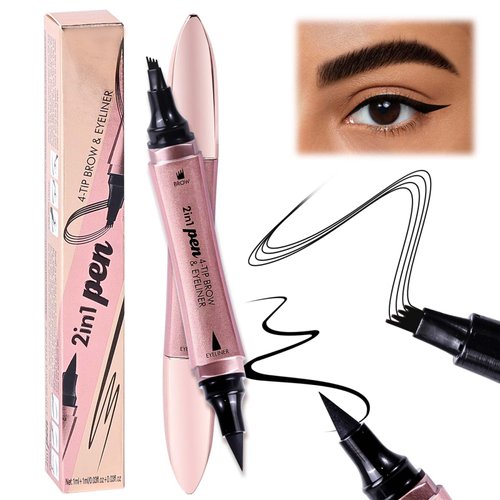 FADLASH 2-IN-1 Microblading Eyebrow Pen Waterproof Eyebrow Pencil with Liquid Eyeliner Makeup for Women with 4 Fork Tip Applicator Creates Natural-Looking Brows Last All-Day Eye Brow Pencils (Black）
