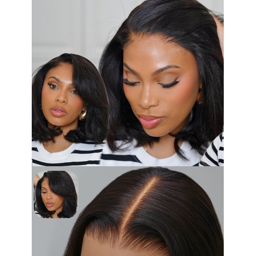 Nadula Bye Bye Knots Glueless Yaki Straight Bob 7x5 Lace Front Wigs Human Hair Pre Plucked Invisible Knots Pre Everything 3S Ready to Wear Short Yaki Bob Wigs Pre Cut 150% Density 12inch