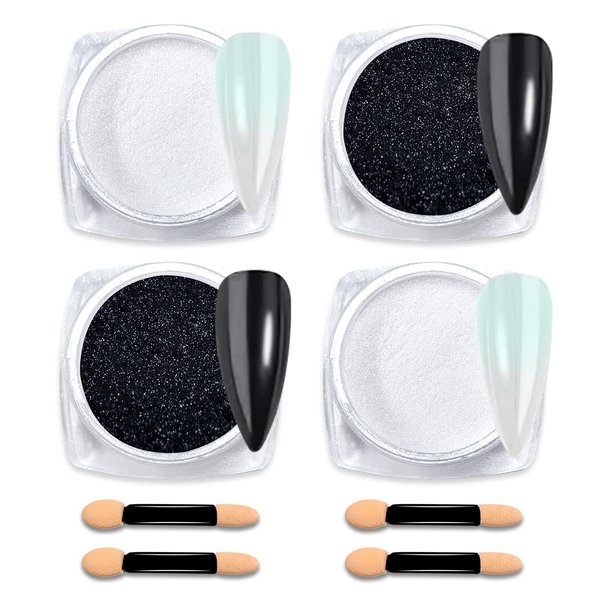 BPrettier Nail Chrome Powder Pearl White Black Chrome Nail Powder 4 Jar Mermaid Chrome Nail Powders Glitter Nail Art Mirror Effect Shimmery Aurora Powder for Women Girls Gifts (Black & White)