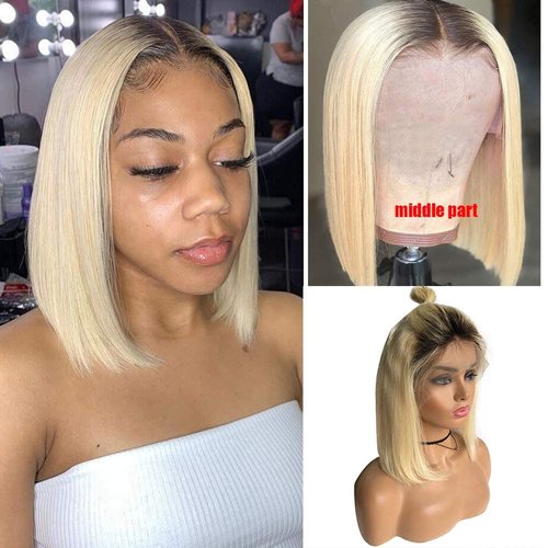 Ombre Blonde Lace Front Wigs Human Hair,13X4 HD Bob Lace Front Wigs 12" 150% Density Ombre 1B/613 2 Tone Straight Human Hair Pre Plucked with Bleached Knots lUnprocessed Virgin Hair for Women