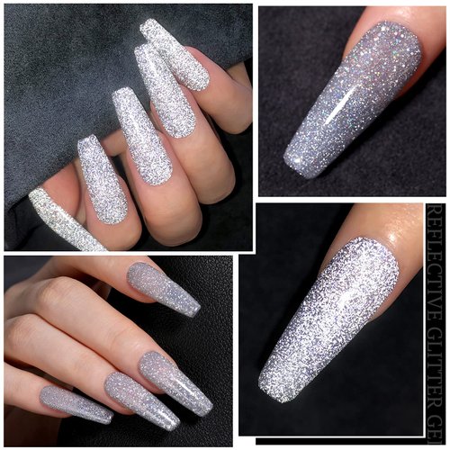 UR SUGAR Reflective Glitter Gel Polish Silver Sparkly Glitter Shimmery Gel Polish Shiny Disco Soak Off Gel Nail Polish Nail Art Manicure Salon DIY at HomeChristmas Gifts for Women Girls