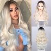 MORICA Platinum Blonde Wigs for Women Long Wavy Wigs Ombre Platinum Blonde Wig with Middle Part Wig Curly Hair Wig Dark Roots Synthetic Heat Resistant for Daily Party 26 Inches