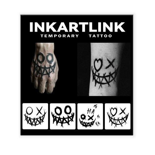INKARTLINK Tattoo Tech, 4 Sheets Semi Permanent Tattoo, Adult Art Design Temporary Tattoos, Lasts 1-2 Weeks, Waterproof, Realistic Look, No Adhesive, No Reflection (Joker Smile Design)