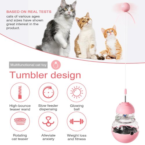 MECODO Interactive Cat Toy, Indoor Cats Toy Wand with Tumbler Glowing Ball, – Durable, Non-Toxic and Safe, Food Dispenser Feeder Treat Dispensing Feeding Pet Supplies(Pink)