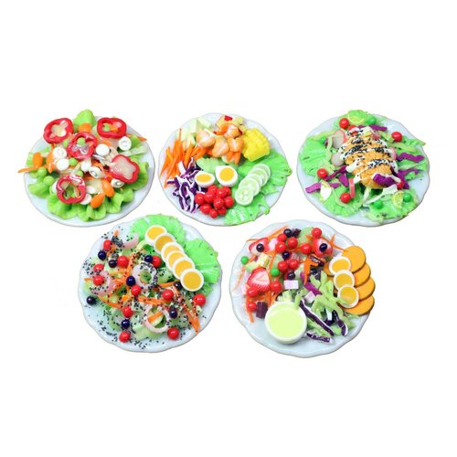 ThaiHonest Set 5 Assorted Dollhouse Miniature Salad,Tiny Food On Ceramic Plate, Dollhouse Accessories for Collectibles
