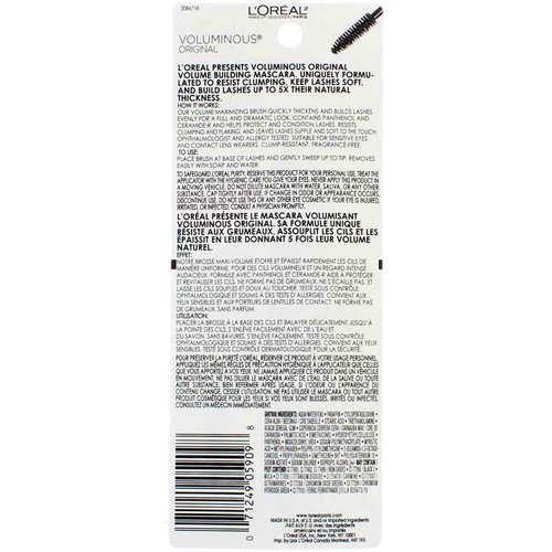 L'Oreal Paris Voluminous Original Washable Bold Eye Mascara, Blackest Black, 0.28 fl. oz., Pack of 2
