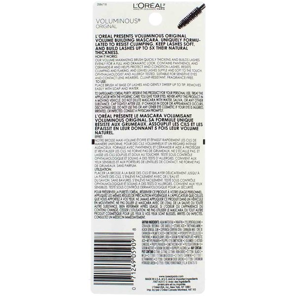 L'Oreal Paris Voluminous Original Washable Bold Eye Mascara, Blackest Black, 0.28 fl. oz., Pack of 2
