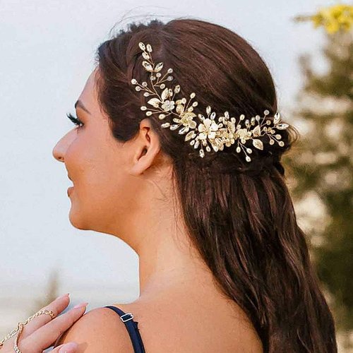 CASDRE Flower Bride Wedding Headpiece Crystal Bridal Hair Accessories Pearl Headband for Women and Girls (B Gold)