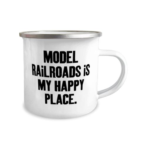 Reusable Model Railroads 12oz Camper Mug, Model Railroads is My Happy Place, Joke Gifts for Friends, Birthday Gifts, Model train set, Toy trains, Train tracks, Railroad toys, Electric trains, Battery