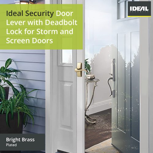 Ideal Security Door Lever with Deadbolt Lock for Storm and Screen Doors, Bright Brass (4-Piece Set)
