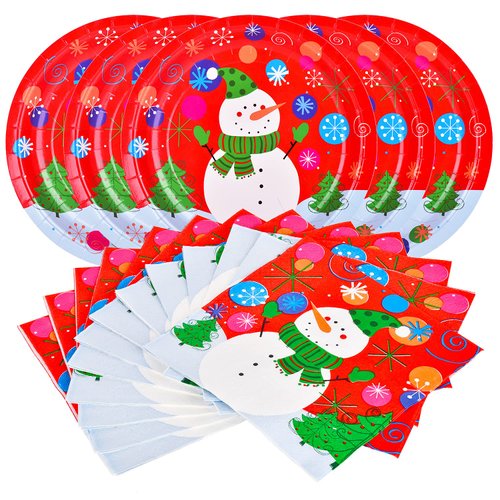 Gatherfun Christmas Party Supplies Christmas Snowman Disposable Paper Dinner Plates and Napkins for Merry Christmas Party, Serve 20