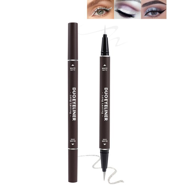 Sliver Glitter Liquid Eyeliner White Eye Liner Pen,2 in 1 Longlasting Waterproof Eyeliner Pencil,Metallic Shimmer Liner Eyeshadow Eye Makeup Pen, High Pigmented Smudgeproof Liner Pen for Women