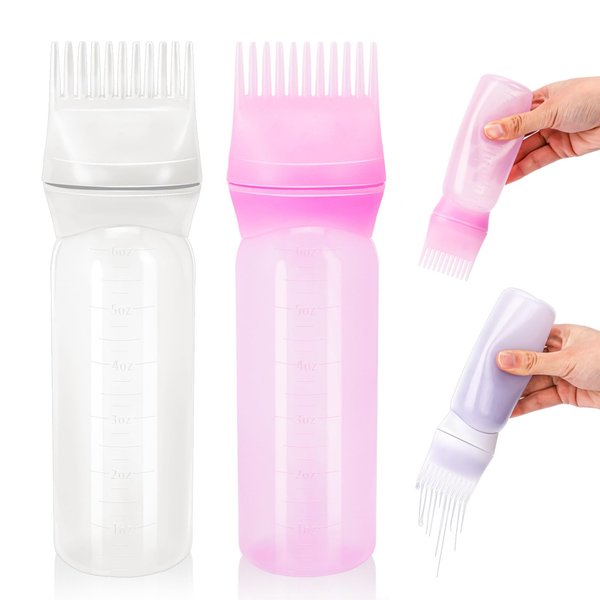 6 Ounce Root Comb Applicator Bottle, 2 Pack Hair Oiling Applicator Bottle with Graduated Scale Hair Dye Brush Oil Bottles for Hair Styling Profssional Hairdressing Coloring Styling Tool(Whie & Purple)