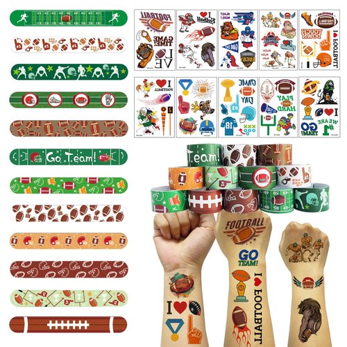 84Pcs Football Party Favors - 24PCS Slap Bracelets Wristband & 60Pcs-10 Sheets Football Tattoos, American Rugby Themed Birthdays Party Supplies Decorations for Boys Girls Classroon Prize