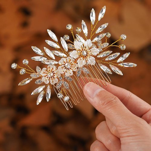 Kisshine Flower Bride Wedding Hair Comb Gold Rhinestone Headpiece Bridal Crystal Leaf Hair Accessories for Women and Girls