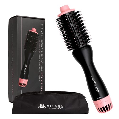 Milano Collection Hot Air Hair Brush Dryer, Quick & Easy Styling, Hair Volumizer for Human Hair Wigs & Natural Hair, Lightweight Round-Shaped Barrel Blow Dry Brush, Black