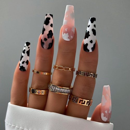 BABALAL Long Press on Nails Cow Print Design Nails Ballerina Full Cover Artificial Nails Glossy Fake Nails for Women and Girls