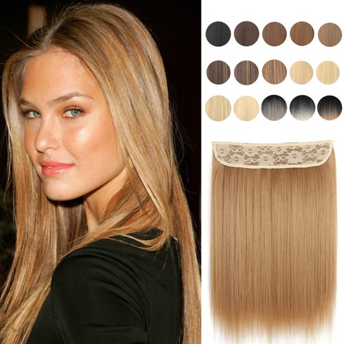 Inscca Invisible Halo Hair Extensions Light Caramel Blond Wire in Extension Fake Hair 16" Long Straight Hair Piece for Women Transparent Adjustable Line
