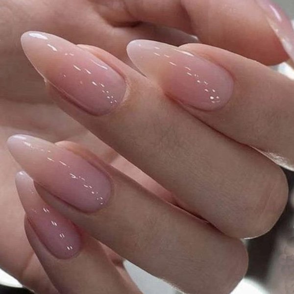 GLAMERMAID Press on Nails Medium Almond, Spring Summer Nude Glue on Gel Nails, 24Pcs Short Stiletto Acrylic False Nails Kits Reusable UV Finish Full Cover Stick on Nails for Women Gift