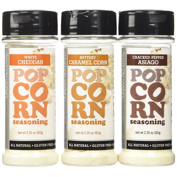 Urban Accents Popcorn Seasoning - All Natural - Gluten Free - Non-GMO - Variety Pack of 3 - Buttery Caramel Corn/Cracked Pepper Asiago/White Cheddar