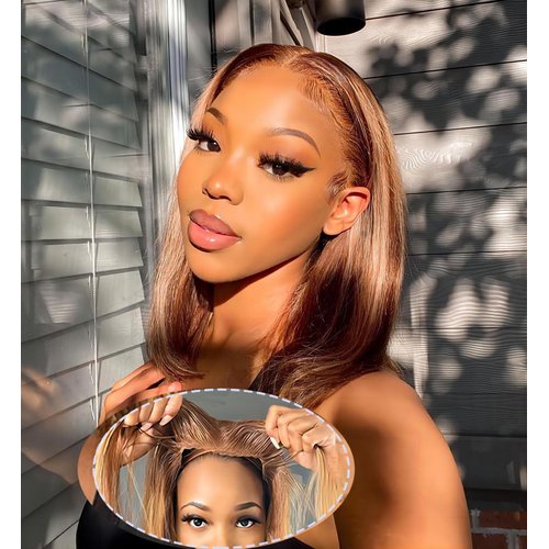 ISEE Wear and Go Glueless Wigs Human Hair Pre Plucked Pre Cut Ombre Highlight Bob Wig Human Hair for Women 180% Density 4x4 Straight Transparent Lace Front Wigs for Beginners 12 Inch
