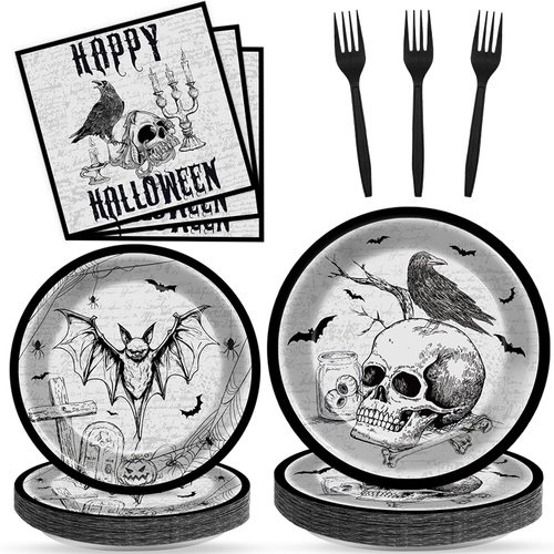 gisgfim 96 Pcs Halloween Plates and Napkins Party Supplies Vintage Skull Bat Dessert Paper Disposable Party Tableware Set Day of the Dead Ghost Halloween Birthday Decorations Favors for 24 Guests