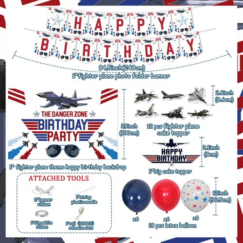 52Pcs Fighter Jet Birthday Party Decorations, Air Force Party Decor with the Danger Zone Backdrop Fighter Pilot Cake Toppers Banner Airforce Pentagram Balloons for Aircraft Airplane Party Supplies