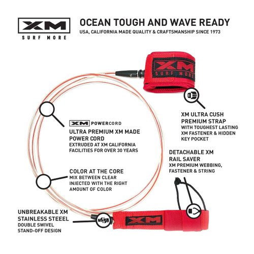XM SURF MORE CORE Surfboard Leash 7ft., Color at The Core, Regular Cord Thickness (.270 in.), Choose Length and Color, Key Pocket, Unbreakable Swivels, Detachable Railsaver, Made in USA