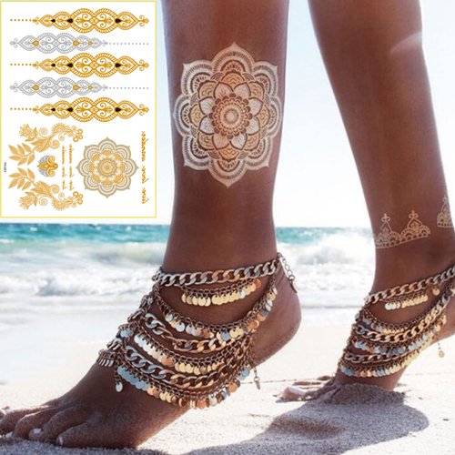 Gold Henna Temporary Tattoos for Women Girls Lace Fake Tattoo Stickers Mystery Sexy Mandala Flower Body Art Design Waterproof Henna Sticker DIY Body Face Arms Legs Party Supplies Favors 6 Sheets