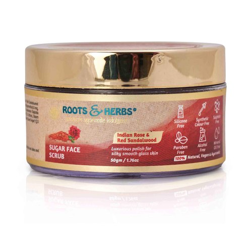 ROOTS AND HERBS Face Scrub Indian Rose & Red Sandalwood Sugar Scrub - Facial Skin Exfoliator to stimulate Collagen - Exfoliating Body Scrub for Women & Men Organic Facial Cleanser Face Scrubs Products