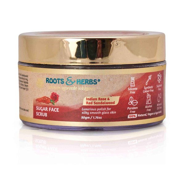 ROOTS AND HERBS Face Scrub Indian Rose & Red Sandalwood Sugar Scrub - Facial Skin Exfoliator to stimulate Collagen - Exfoliating Body Scrub for Women & Men Organic Facial Cleanser Face Scrubs Products