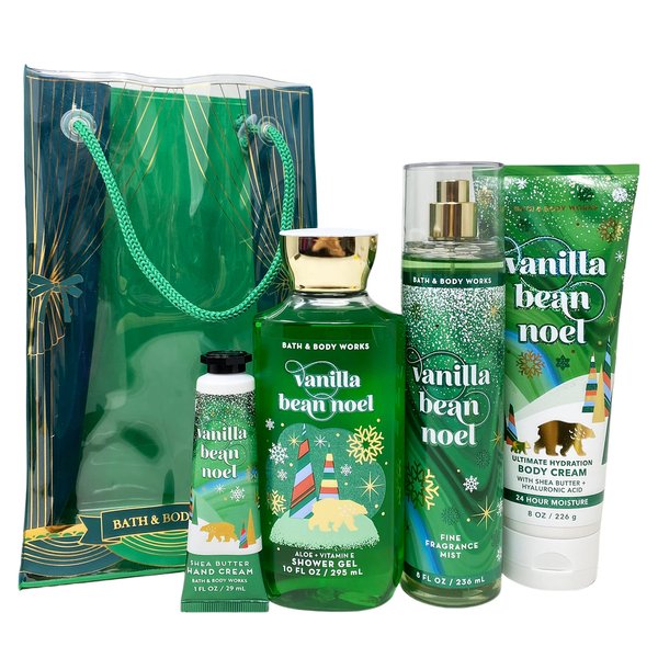 Bath and Body Vanilla Bean Noel Gift Set Bag - Fragrance Mist - Body Cream - Shower Gel and Hand Cream Arranged Inside a Holiday Gift Bag