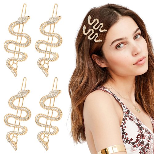 Mabor 4Pcs Snake Hair Clip, Gold Snake Hair Pins with Sparkly Rhinestones Cool Hair Barrettes Metal Hair Jewelry for Styling Vintage Snake Hair Accessories for Women Girls