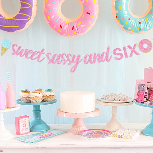 Sursurprise Sweet Sassy and Six Birthday Decorations, Sweet Sassy and Six Banner, Donut Ice Cream Candy Sweet 6th Birthday Party Supplies for Girls