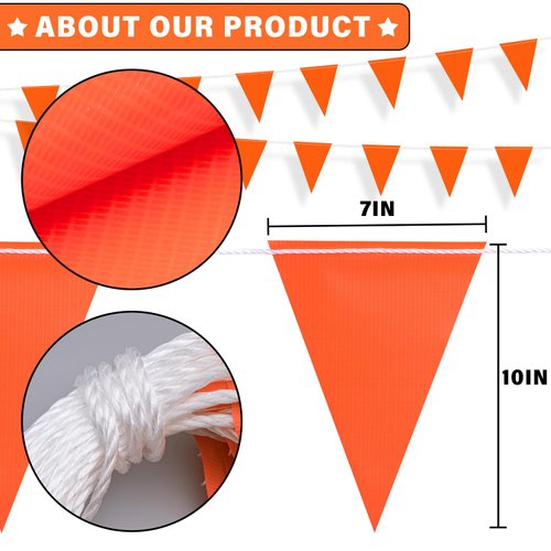 105ft Pennant Banner Flags, 7"x10" Fluorescent Orange Safety Flagging Banner Warning Flags for Construction Site/Traffic Control/Boundary Barrier Signs, Perimeter Marking Flags on String, 45 Flags