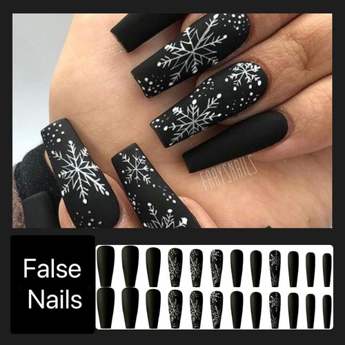 Christmas Press on Nails Long Coffin Fake Nails Black False Nails with Snowflake Design Glue on Nails Glossy Full Cover Stick on Nails Ballerina Acrylic Nails for Women Winter Manicure 24Pcs